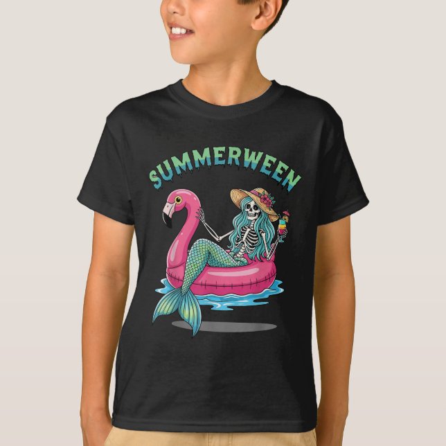 Summerween Mermaid Skeleton Flamingo Float Hallowe T-Shirt (Front)