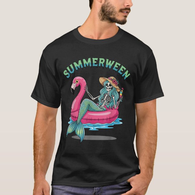 Summerween Mermaid Skeleton Flamingo Float Hallowe T-Shirt (Front)