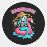 Summerween Mermaid Skeleton Halloween Flamingo Sum Classic Round Sticker
