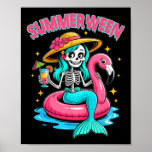 Summerween Mermaid Skeleton Halloween Flamingo Sum Poster