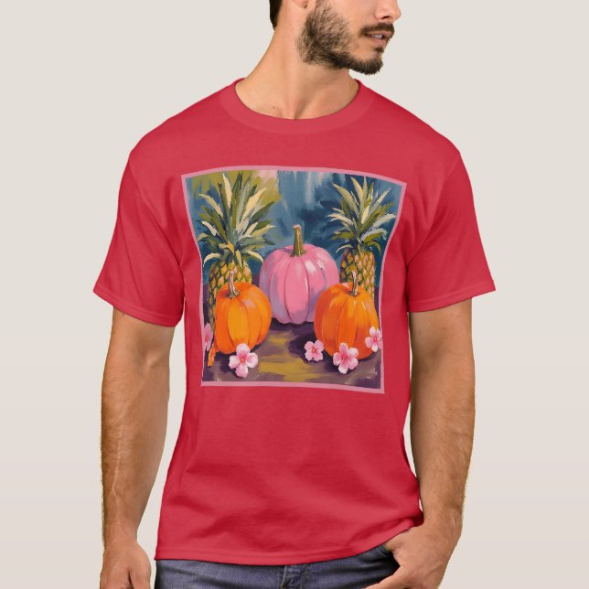 Summerween Pink Pumpkin Pineapple Hibiscus Hallowe T-Shirt (Front)
