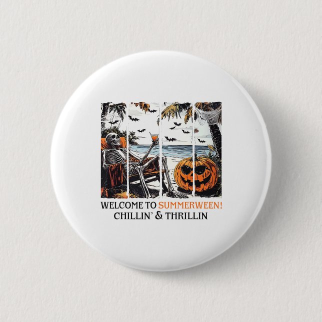 Summerween Skeleton Beach Party Halloween Summer V Button (Front)