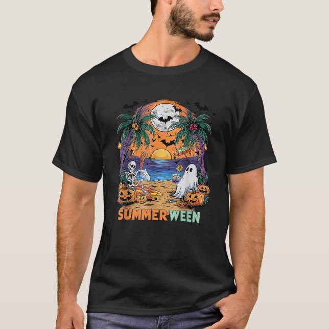 Summerween Skeleton Beach Party Halloween Vibes  T-Shirt (Front)