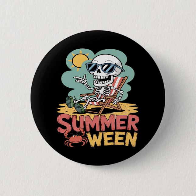 Summerween Skeleton Beach Vibes Halloween Button (Front)