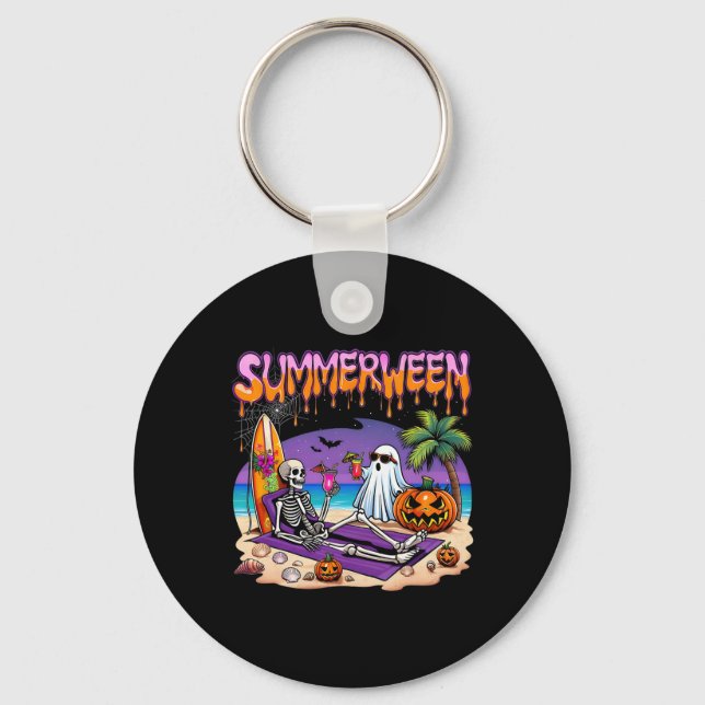 Summerween Skeleton Ghost Beach Funny Spooky Hallo Keychain (Front)