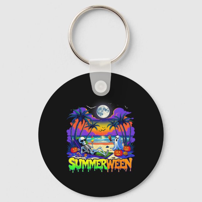 Summerween Skeleton Ghost Beach Funny Spooky Hallo Keychain (Front)