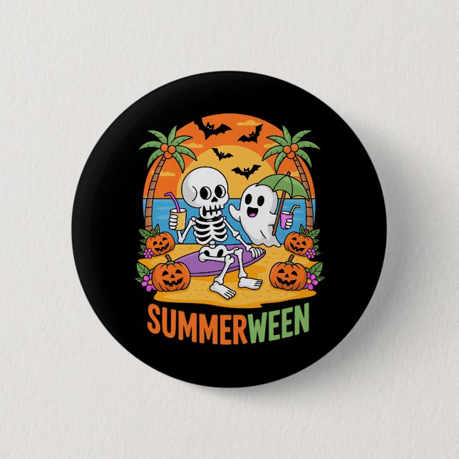 Summerween Skeleton Ghost Beach Halloween Party Fu Button (Front)