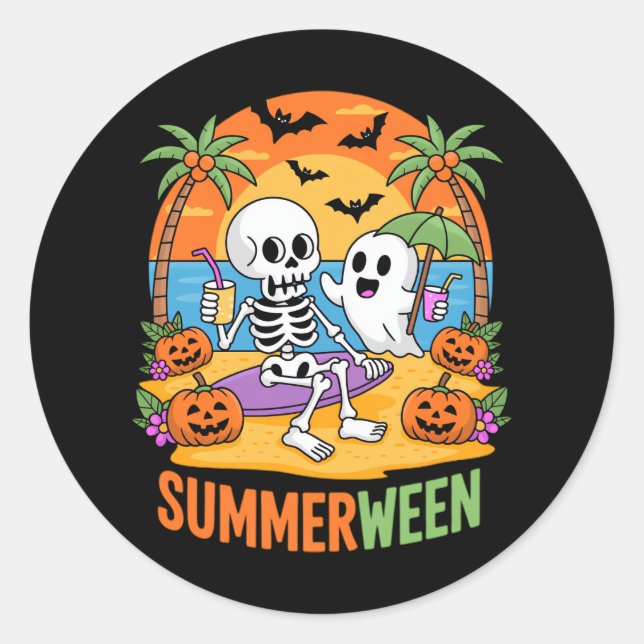 Summerween Skeleton Ghost Beach Halloween Party Fu Classic Round Sticker (Front)