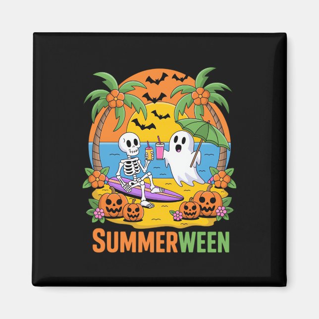 Summerween Skeleton Ghost Beach Halloween Party Fu Magnet (Front)