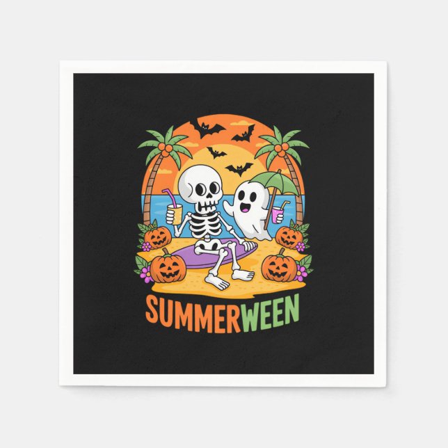 Summerween Skeleton Ghost Beach Halloween Party Fu Napkins (Front)