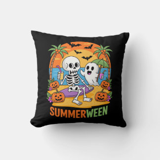 Summerween Skeleton Ghost Beach Halloween Party Fu Throw Pillow