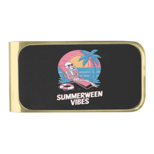 Summerween Skeleton Summer Vacation Beach Funny Gold Finish Money Clip