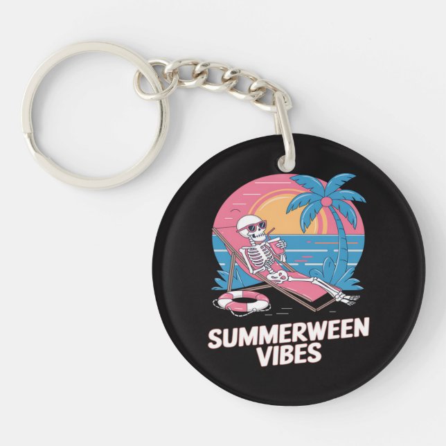 Summerween Skeleton Summer Vacation Beach Funny Keychain (Front)