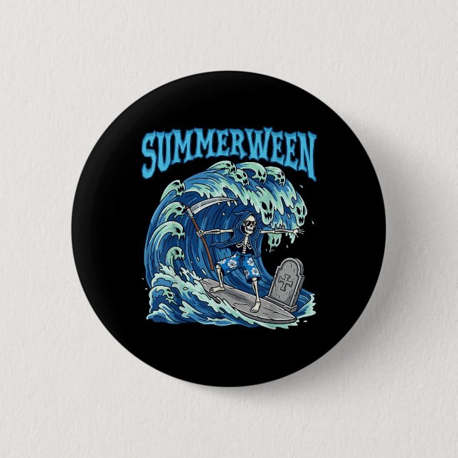 Summerween Skeleton Surf Grim Reaper Beach Spooky  Button (Front)
