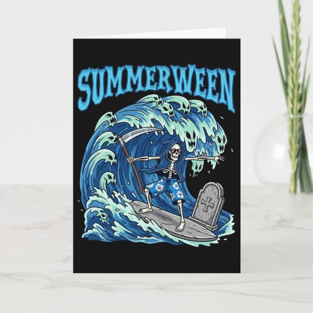 Summerween Skeleton Surf Grim Reaper Beach Spooky  Card (Front)