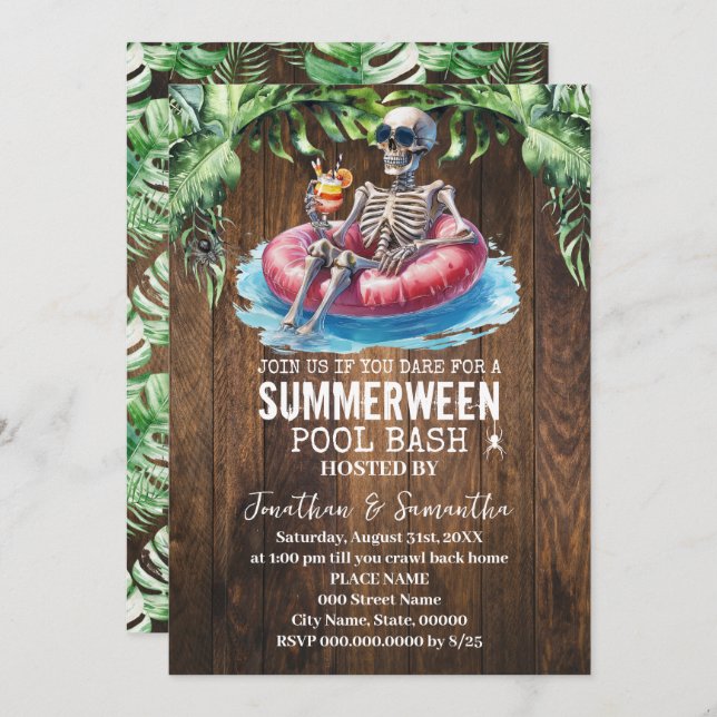 Summerween Skeleton Tropical Pool Bash Invitation (Front/Back)
