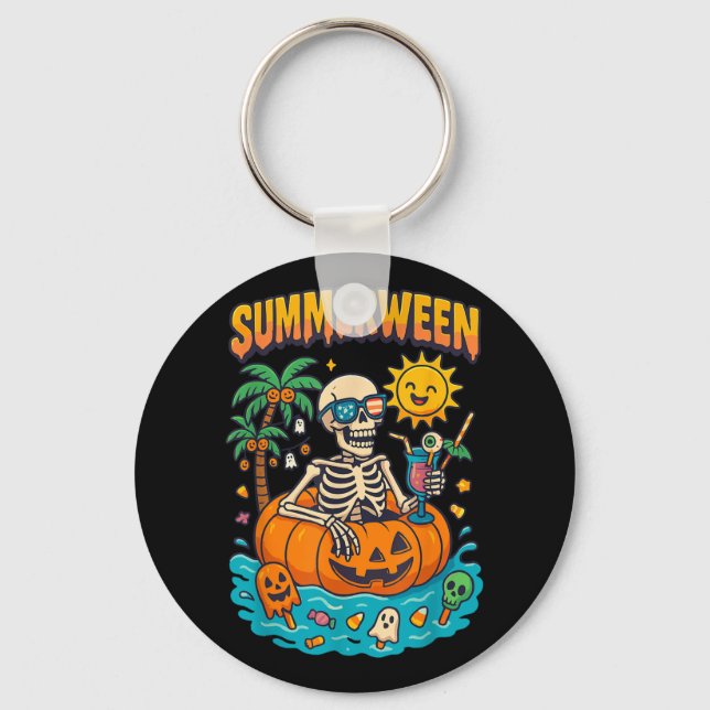 Summerween Skeleton Vibes Chillin In A Pumpkin Flo Keychain (Front)