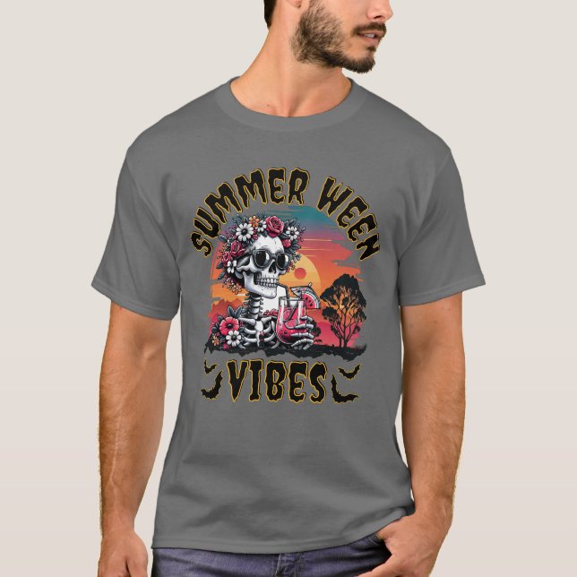 Summerween Skeleton Vibes – Floral Sunset Retro T-Shirt (Front)