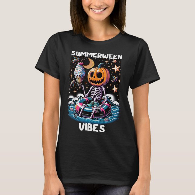 Summerween Summer Halloween Funny Skeleton Ice Cre T-Shirt (Front)
