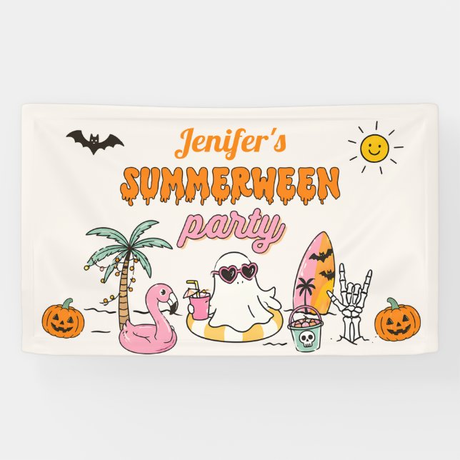 Summerween Summer Pool Halloween Birthday Party Banner (Horizontal)