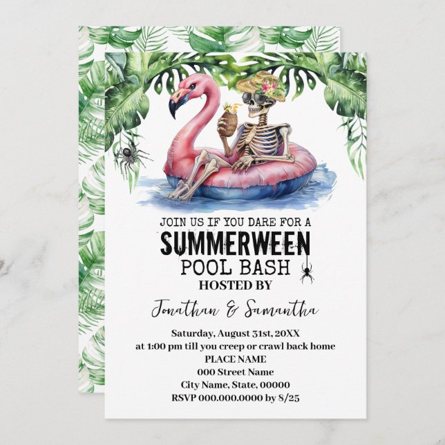 Summerween Tropical Skeleton Pool Party Invitation (Front/Back)