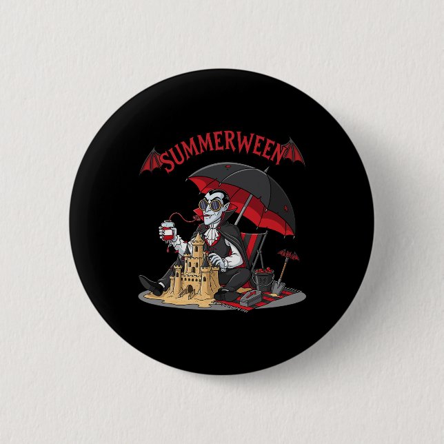 Summerween Vampire Beach Dracula Sandcastle Gothic Button (Front)