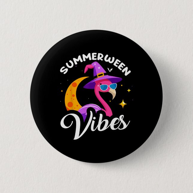 Summerween Vibes Flamingo Summer Halloween Vacatio Button (Front)