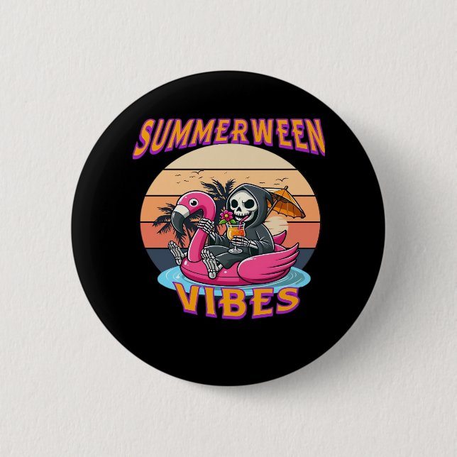 Summerween Vibes Grim Reaper Flamingo Float Retro  Button (Front)