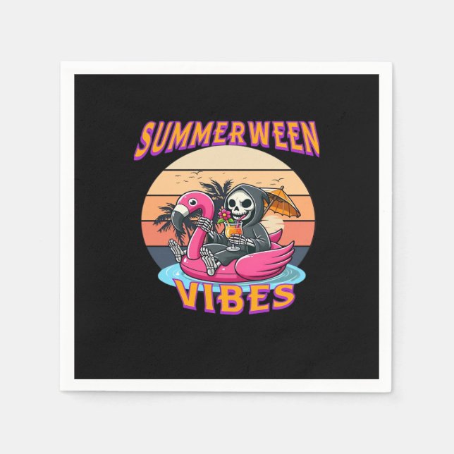 Summerween Vibes Grim Reaper Flamingo Float Retro  Napkins (Front)