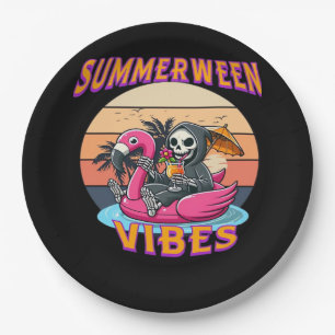 Summerween Vibes Grim Reaper Flamingo Float Retro Paper Plates