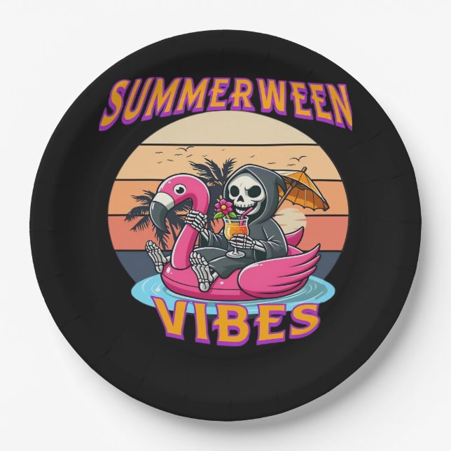Summerween Vibes Grim Reaper Flamingo Float Retro  Paper Plates (Front)