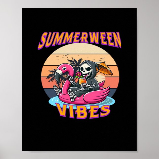 Summerween Vibes Grim Reaper Flamingo Float Retro  Poster (Front)