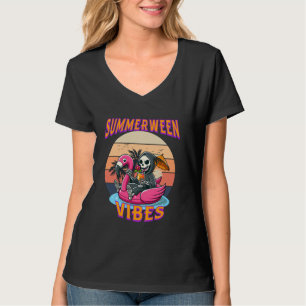 Summerween Vibes Grim Reaper Flamingo Float Retro T-Shirt