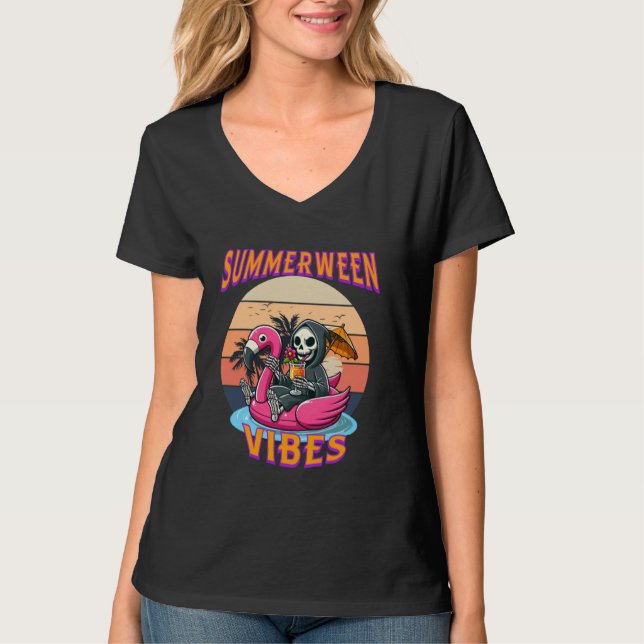 Summerween Vibes Grim Reaper Flamingo Float Retro  T-Shirt (Front)