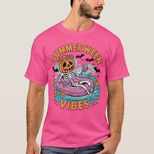 Summerween Vibes Halloween Summer Fun Flamingo Ske T-Shirt (Front)