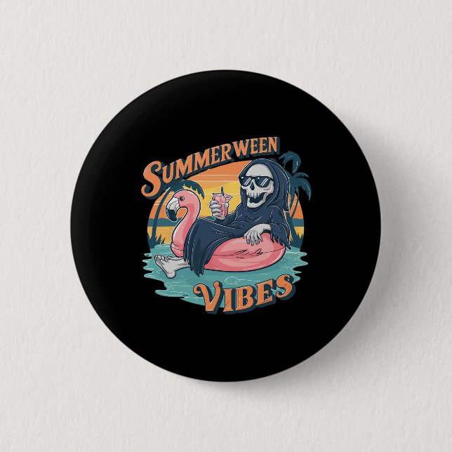 Summerween Vibes Skeleton Flamingo Float Summer Ha Button (Front)