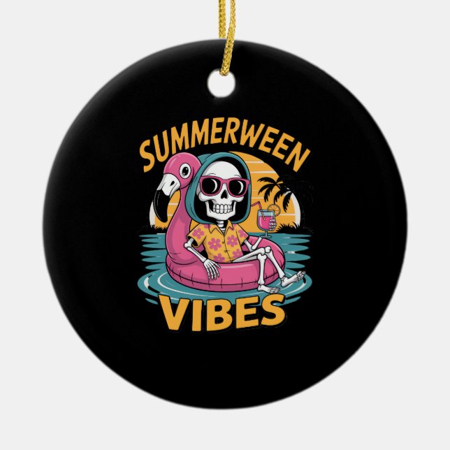 Summerween Vibes Skeleton Flamingo Float Summer Ha Ceramic Ornament (Front)