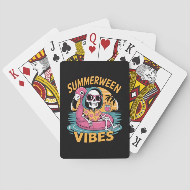 Summerween Vibes Skeleton Flamingo Float Summer Ha Poker Cards (Back)