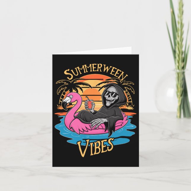 Summerween Vibes Skeleton Flamingo Spooky Hallowee Card (Front)