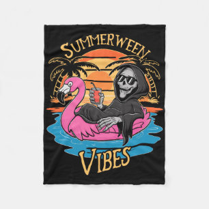Summerween Vibes Skeleton Flamingo Spooky Hallowee Fleece Blanket