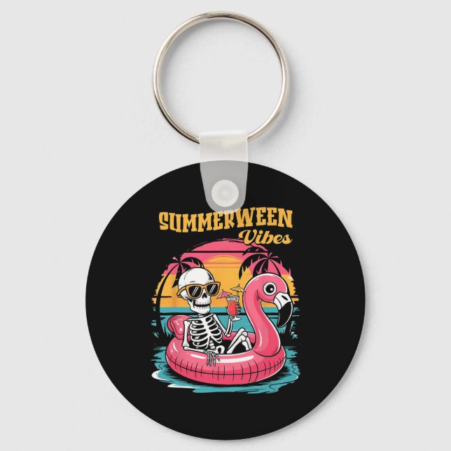 Summerween Vibes Skeleton Flamingo Spooky Hallowee Keychain (Front)
