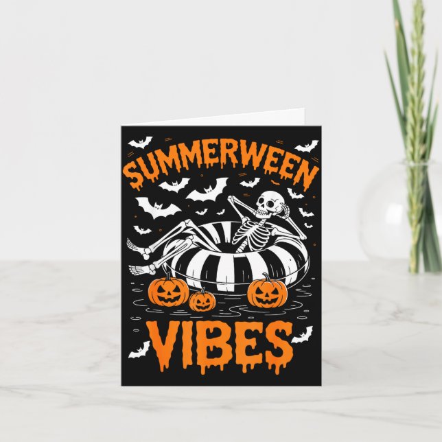 Summerween vibes skeleton floating pool pumpkin card (Front)