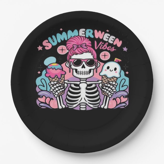 Summerween Vibes Skeleton IceCream Summer Vacation Paper Plates (Front)