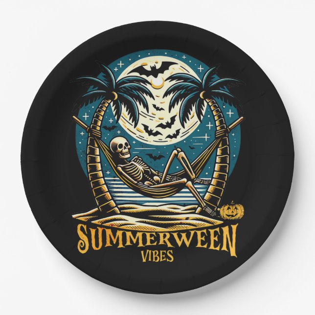 Summerween Vibes Skeleton Pumpkin Skeleton Summer  Paper Plates (Front)