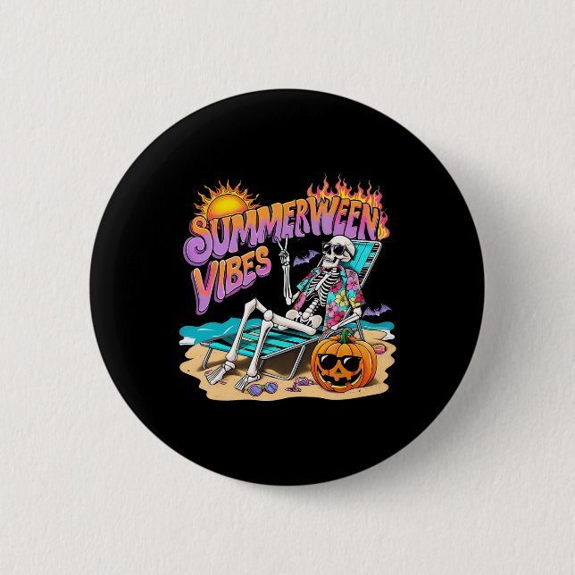 Summerween Vibes Skeleton Pumpkin Spooky Vacation  Button (Front)