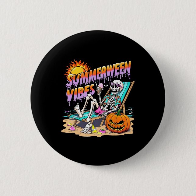 Summerween Vibes Skeleton Pumpkin Spooky Vacation  Button (Front)