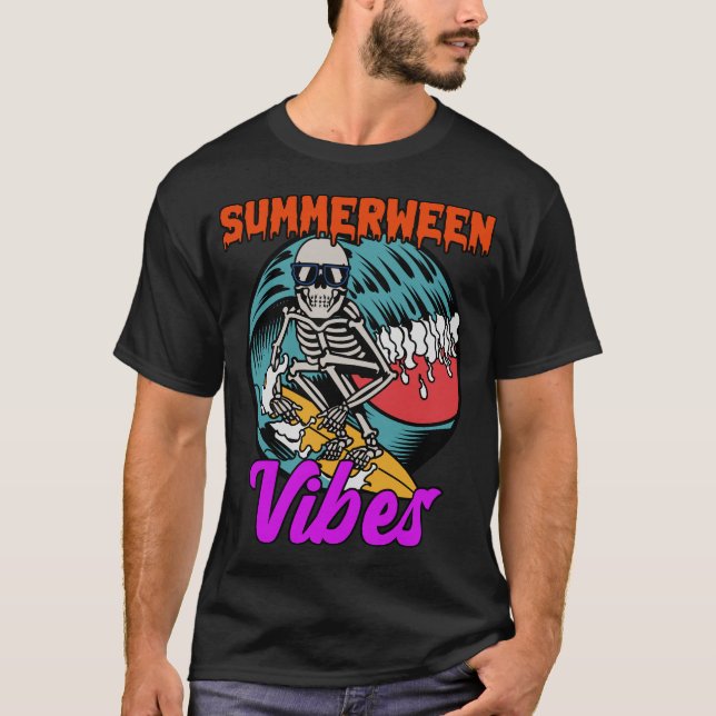 Summerween Vibes Skeleton Spooky Surfing T-Shirt (Front)