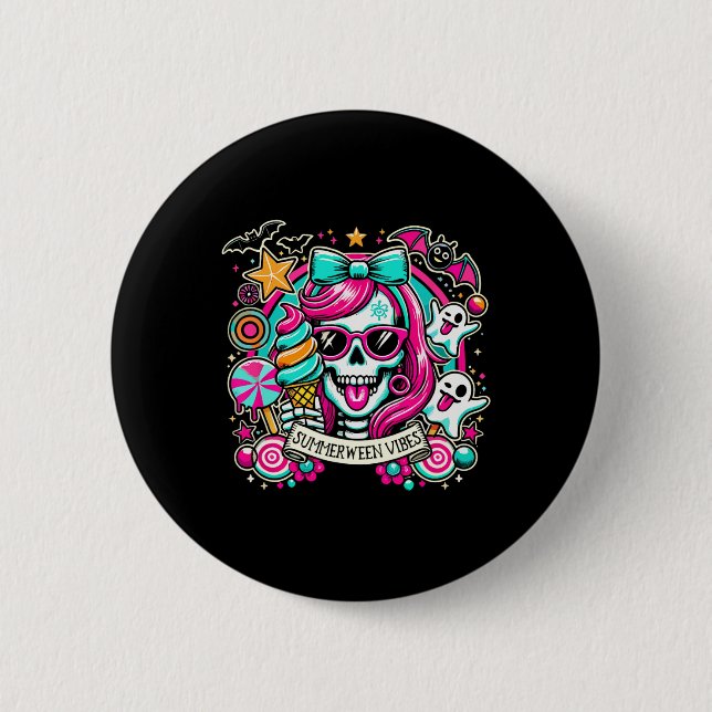 Summerween Vibes Skeleton Spooky Vacation Hallowee Button (Front)