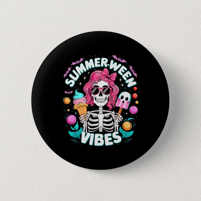 Summerween Vibes Skeleton Spooky Vacation Hallowee Button (Front)