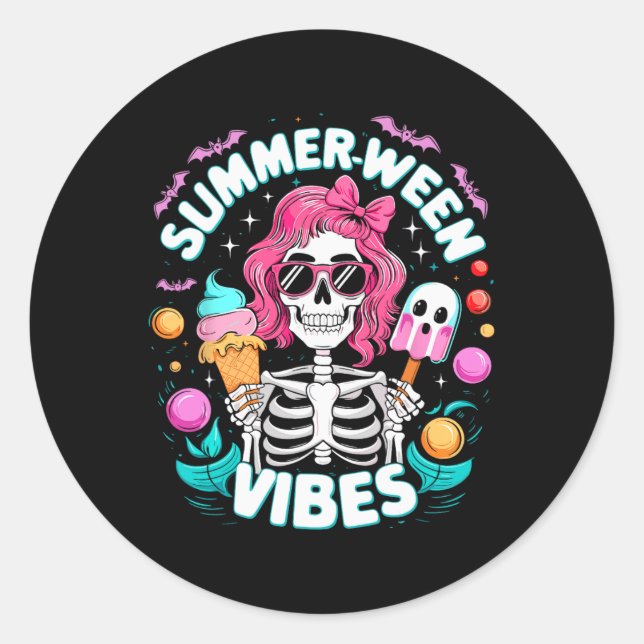 Summerween Vibes Skeleton Spooky Vacation Hallowee Classic Round Sticker (Front)